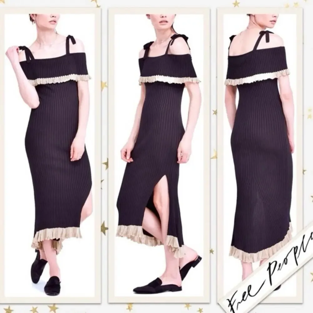 FREE PEOPLE Womens Size XS Black Gold Off the Shoulder Ribbed Sweater Midi Dress